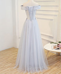 Gray A Line Off Shoulder Floor Length Evening Prom Dress, Lace Evening Dress