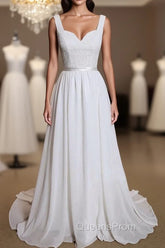 Noble A-Line Shoulder Strap With Chiffon Patch Flower Dew Back And Ground Length Wedding Dress