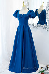 Noble And Elegant Blue Satin Retro Square Neck Short Sleeved Ball Dress With Blue Backless Strap And Floor Length Evening Dress