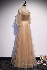 Noble And Elegant Champagne Beaded Long Sleeved Off Shoulder Ball Dress Champagne A-Line Princess Off Shoulder Strap And Floor Length Evening Prom Dress