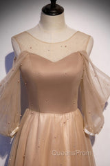 Noble And Elegant Champagne Beaded Long Sleeved Off Shoulder Ball Dress Champagne A-Line Princess Off Shoulder Strap And Floor Length Evening Prom Dress