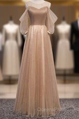 Noble And Elegant Champagne Beaded Long Sleeved Off Shoulder Ball Dress Champagne A-Line Princess Off Shoulder Strap And Floor Length Evening Prom Dress