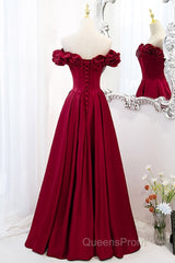 Noble And Elegant Wine Red Sleeveless Off Shoulder Beaded Ball Dress With Wine Red A-Shaped Backless Strap And Ground Length Ruffled Hem Evening Prom Dress