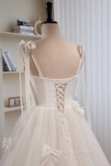 Noble And Unique White Pearl Sleeveless Off Shoulder Bow Ball Dress With White Thin Shoulder Strap Off Back Tie And Floor Length Tail Evening Dress