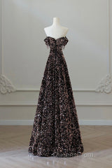 Off Shoulder A-Line Coffee Gold Sequin Long Evening Prom Dress, Coffee Gold Evening Dress