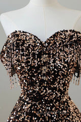 Off Shoulder A-Line Coffee Gold Sequin Long Evening Prom Dress, Coffee Gold Evening Dress