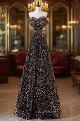 Off Shoulder A-Line Coffee Gold Sequin Long Evening Prom Dress, Coffee Gold Evening Dress