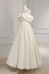 Off Shoulder A-Line Satin Beige Long Evening Prom Dress, Beige Long Formal Dress
