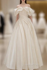 Off Shoulder A-Line Satin Beige Long Evening Prom Dress, Beige Long Formal Dress
