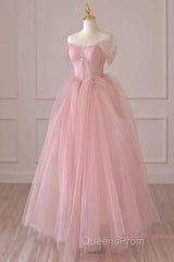 Off Shoulder Beading Pink Tulle Princess Evening Prom Dress