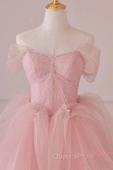 Off Shoulder Beading Pink Tulle Princess Evening Prom Dress