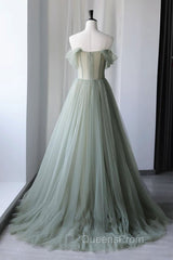 Off Shoulder Green Tulle Floral Long Evening Prom Dress, Off the Shoulder Green Formal Evening Dress with 3D Flowers