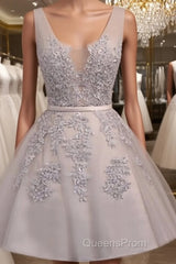 Off Shoulder Grey Lace Cute Tulle Homecoming Dress