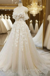 Off Shoulder Light Champagne Tulle Lace Long Evening Prom Dress, Light Champagne Lace Formal Evening Dress A1583