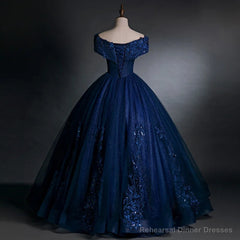 Off Shoulder Navy Blue Long Sweet 16 Gown Blue Tulle with Lace Prom Dress prom dresses shops