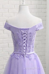 Off Shoulder Purple Lace Short Evening Prom Dress, Lilac Lace Homecoming Dress, Short Purple Formal Evening Dress
