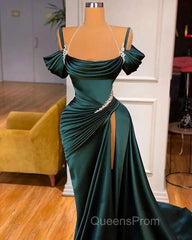 Off Shoulder Satin Green Slit Beading Mermaid Evening Prom Dress