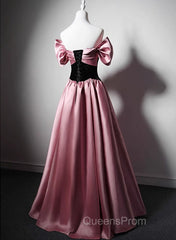 Off Shoulder Satin Scoop A-Line Long Party Dress, Pink And Black Evening Prom Dress Evening Dress