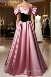 Off Shoulder Satin Scoop A-Line Long Party Dress, Pink And Black Evening Prom Dress Evening Dress