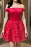 Off Shoulder Short Red Lace Evening Prom Dress, Off Shoulder Red Lace Formal Graduation Dress, Red Lace Homecoming Dress