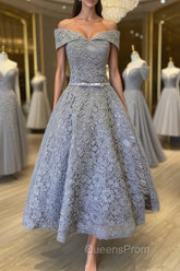 Off Shoulder Tea Length Gray Lace Evening Prom Dress, Off the Shoulder Gray Homecoming Dress, Gray Lace Formal Evening Dress