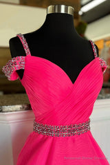 Off Shoulder Tulle Beaded Long Formal Dress, Hot Pink Evening Party Dress