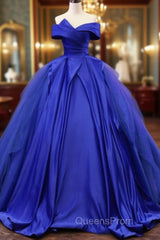Off Shoulder Tulle Satin Blue Long Evening Prom Gown, Blue Long Evening Dress