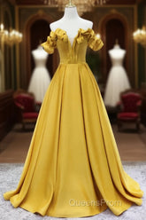 Off Shoulder V Neck Yellow Satin Long Evening Prom Dress, Off The Shoulder Yellow Formal Dress, Yellow Evening Dress