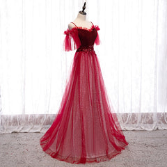 Off Shoulder Wine Red Velvet and Tulle Party Dress, A-line Tulle Floor Length Prom Dress