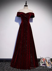 Off Shoulder Wine Red Velvet Long Party Dress, A-line Wine Red Evening Dress