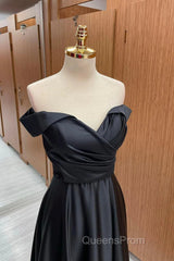 Off the Shoulder Black Satin Long Evening Prom Dress, Black Off Shoulder Formal Evening Dress