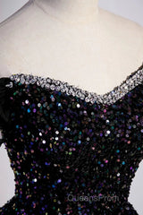 Off the Shoulder Black Sequin Evening Prom Dress, Black Long Formal Evening Dress