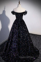 Off the Shoulder Black Sequin Evening Prom Dress, Black Long Formal Evening Dress