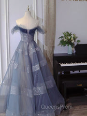 Off The Shoulder Blue Tulle A Line Long Evening Prom Dress