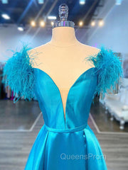 Off The Shoulder Blue V Neck Evening Prom Dress, Blue V Neck Long Formal Evening Dress