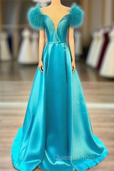 Off The Shoulder Blue V Neck Evening Prom Dress, Blue V Neck Long Formal Evening Dress