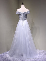 Off the Shoulder Burgundy Gray Lace Prom Dresses, Wine Red Grey Lace Formal Evening Dresses