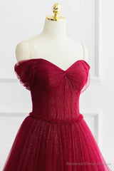 Off the Shoulder Burgundy Tulle Long Prom Dresses, Wine Red Long Tulle Formal Evening Dresses