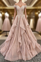 Off the Shoulder Champagne Lace Evening Prom Dress, Off Shoulder Champagne Lace Formal Evening Dress