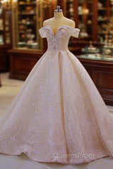 Off the shoulder Champange Puffy ball Gown Sparkle Wedding Dress