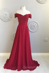 Off The Shoulder Floor Length Burgundy Lace Evening Prom Dress, Burgundy Off Shoulder Lace Bridesmaid Dress