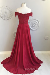 Off The Shoulder Floor Length Burgundy Lace Evening Prom Dress, Burgundy Off Shoulder Lace Bridesmaid Dress