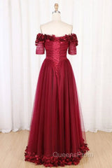 Off The Shoulder Flowers Burgundy Tulle Long Evening Prom Dress