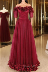 Off The Shoulder Flowers Burgundy Tulle Long Evening Prom Dress