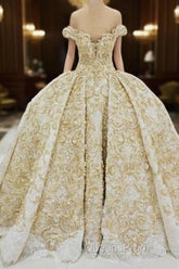 Off the shoulder Golden Lace Appliques Formal Ball Gown Wedding Dress