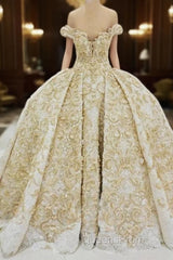 Off the shoulder Golden Lace Appliques Formal Ball Gown Wedding Dress
