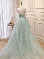 Off The Shoulder Green Tulle Long Evening Prom Dress