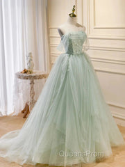 Off The Shoulder Green Tulle Long Evening Prom Dress, Green Long Formal Evening Dress