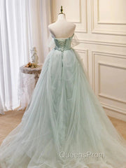 Off The Shoulder Green Tulle Long Evening Prom Dress, Green Long Formal Evening Dress
