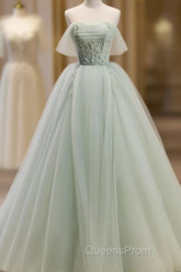 Off The Shoulder Green Tulle Long Evening Prom Dress, Green Long Formal Evening Dress